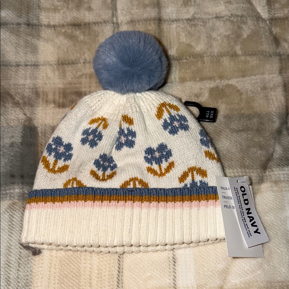Old Navy Kids Cream Beanie with Blue Floral Pattern & Mustard Details